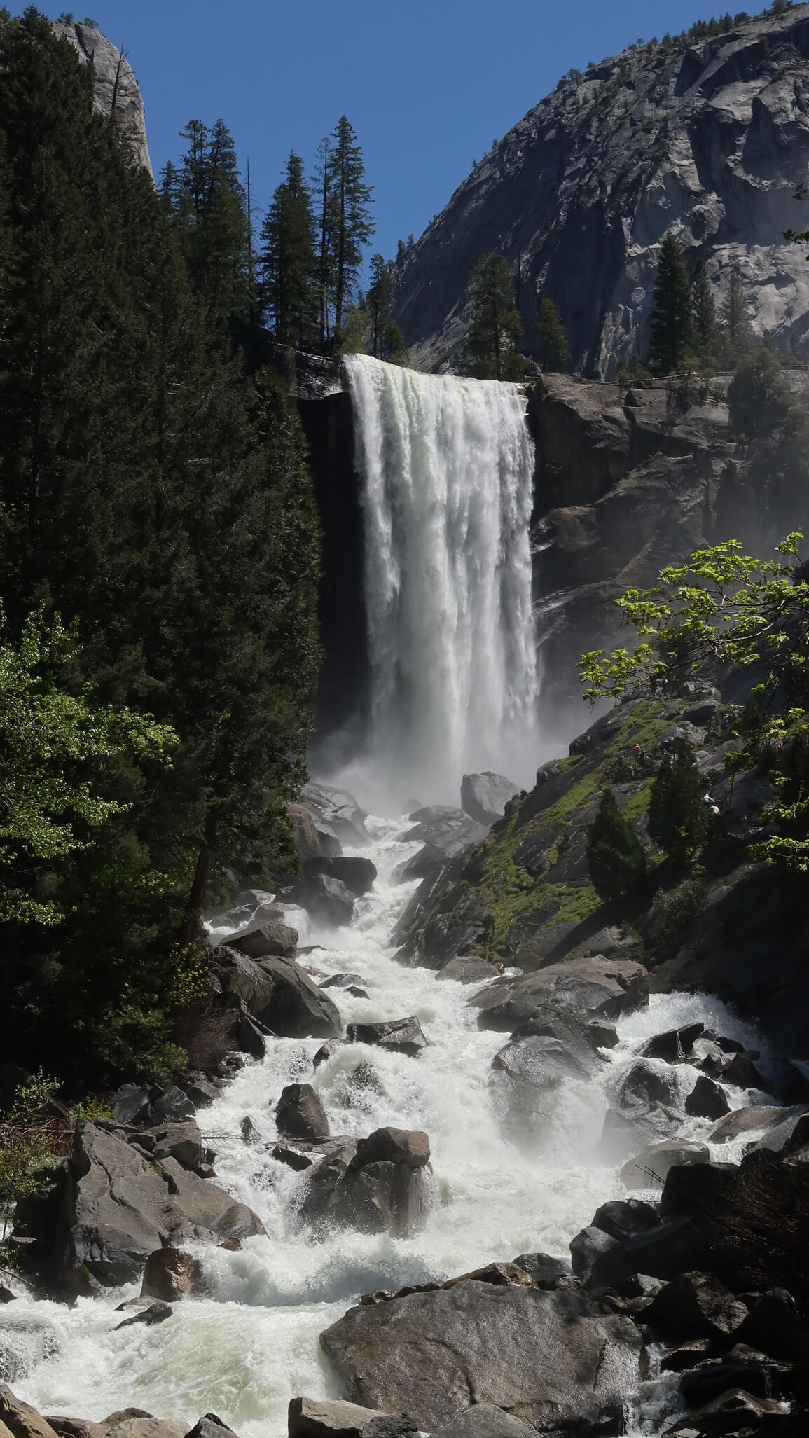 Vernal Falls - Yosemite Waterfall and whitewater river cascading over large boulders framed by trees.